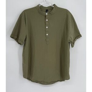 Ouku Outwoods Olive Green Linen Blend Mandarin Collar Short Sleeve Shirt Sz XL